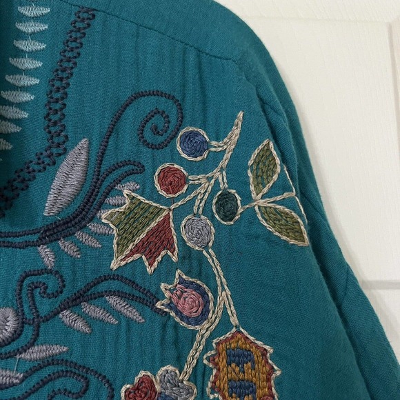 Johnny Was NWOT Merrick Embroidered Button Down Shirt Gauze Tunic Teal Green - Picture 6 of 8